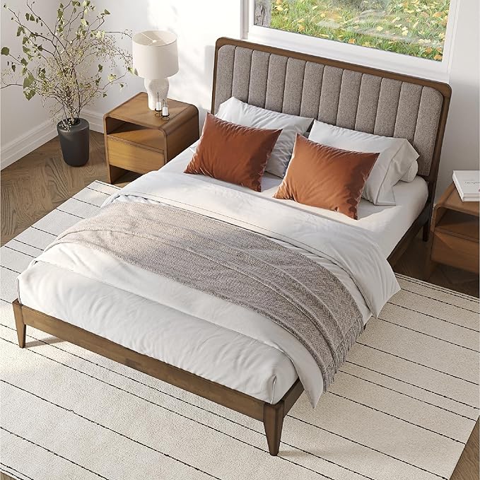 DG Casa Raven Solid Wood King Size Bed Frame - Mid Century Modern Style, Platform with Tufted Upholstered Adjustable Height Headboard, No Box Spring Required, Walnut Finish, Brown Fabric