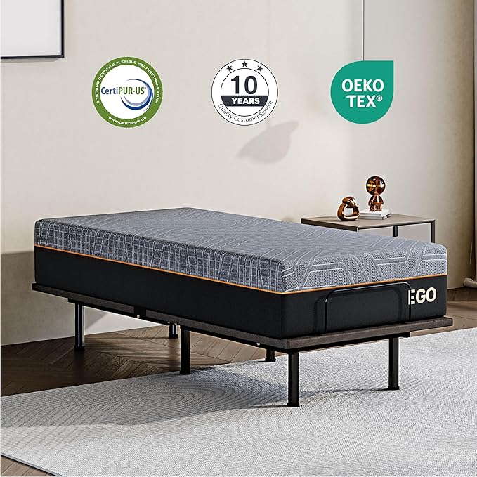 Twin XL Adjustable Bed Base Frame with Wireless Remote + 12 Inch Twin XL Gel Memory Foam Mattress Bed in a Box, Head and Foot Incline, Zero Gravity, Fiberglass Free,80" × 38"