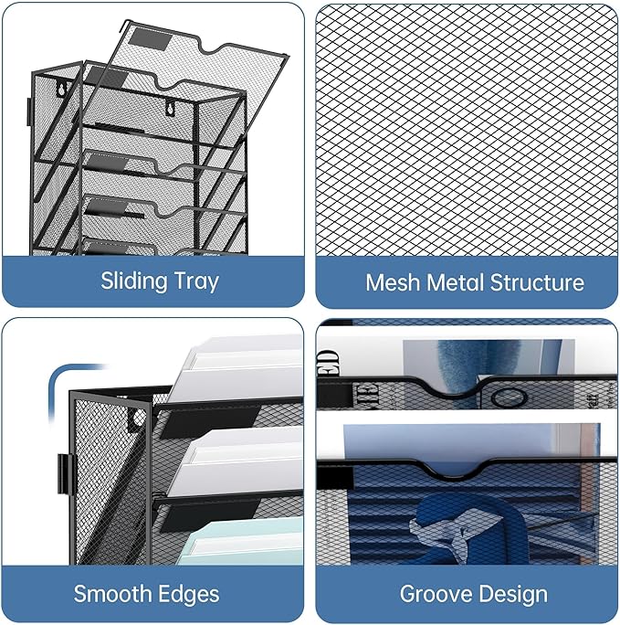 10 Tier Wall Hanging File Organizer, Paper Folder Holder Wall Mounted, Metal Mail Sorter for Office Home School, Black 2 Pack