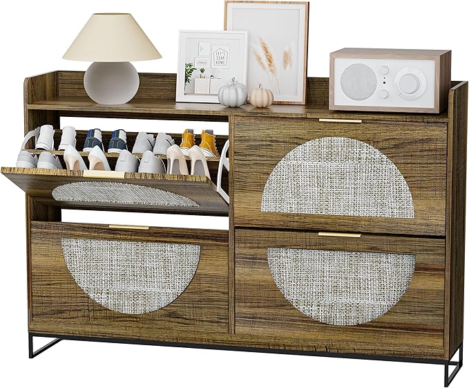 Large Shoe Cabinet Storage for Entryway Hidden Rattan Shoe Cabinet with 4 Flip Drawers Freestanding for Entryway,Hallway Rustic Oak Rattan