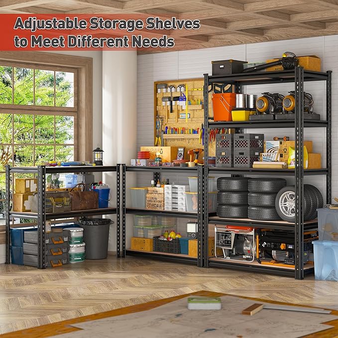 REIBII 2020LBS Storage Shelves 5 Tier Garage Shelving Heavy Duty, Adjustable Metal Shelving, Garage Shelves for Basement, Warehouse, Pantry, Closet, Kitchen 72" H x 35.55" W x 16" D, Black, 2 Pack