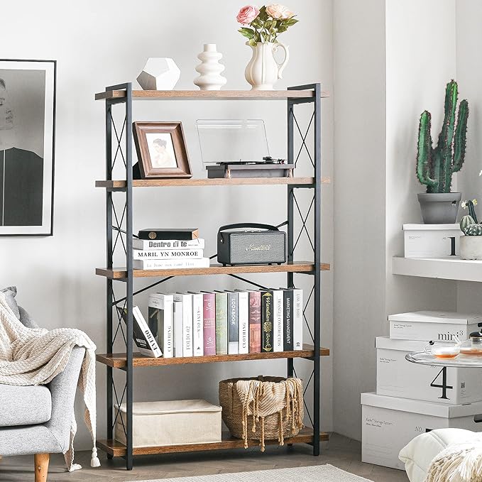 HCHQHS Bookshelf, 5-Tier Industrial Bookcase, Rustic Open Book Shelf, Freestanding Tall Bookshelves with Metal Frame