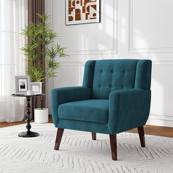 Lumibee Accent Chair, Modern Velevet Armchair for Living Room, Comfy Upholstered Arm Chair Tufted for Indoor Bedroom Office Room (Blue Velvet)
