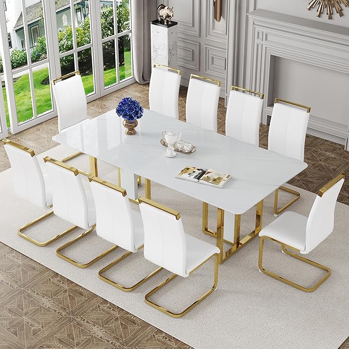 JUFU Dining Table Set for 10, 79'' Dining Table for 8-10 People with Faux Marble Tabletop and Sturdy Leg, White Rectangle Kitchen & Dining Room Sets with 1162-White PU Chairs, Perfect for Kitchen