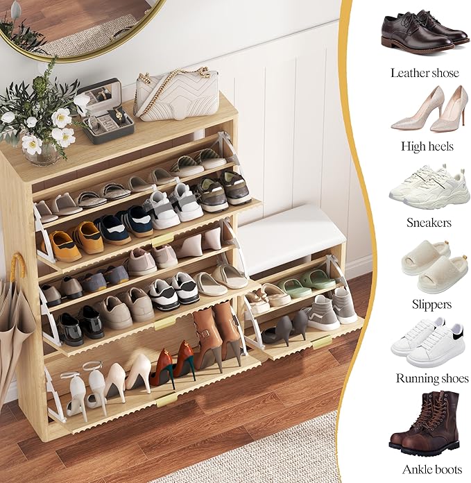 Shoe Cabinet Storage for Entryway with 4 Flip Drawers, Oak Fluted Shoe Cabinet with Bench, Wooden Hidden Shoe Rack Freestanding Narrow Slim Shoes Storage Organizer for Hallway, Entrance