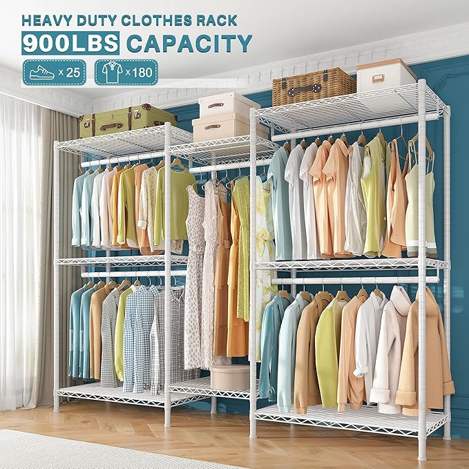Raybee Clothing Rack for Hanging Clothes Heavy Duty Clothes Rack with Shelves,Portable,Adjustable,Metal,Max Load 900lbs,White