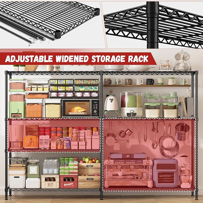 REIBII 69.8" W Storage Shelves 1250LBS Wire Shelving Unit 4 Tier Metal Shelving for Storage Rack Shelves Adjustable Heavy Duty Garage Shelf Pantry Shelves Kitchen Shelving, 69.8"Wx15.8"Dx62.9"H,Black