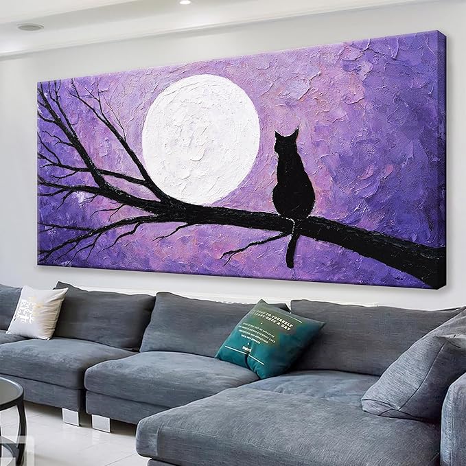 QSQ Cat Wall Art Prints Painting Canvas Art Wall Decor Funny Monet Cat Under The Moonlight Abstract Wall Art Posters Picture For Bedroom Bathroom Office Home Decor Aesthetic 20" × 40"