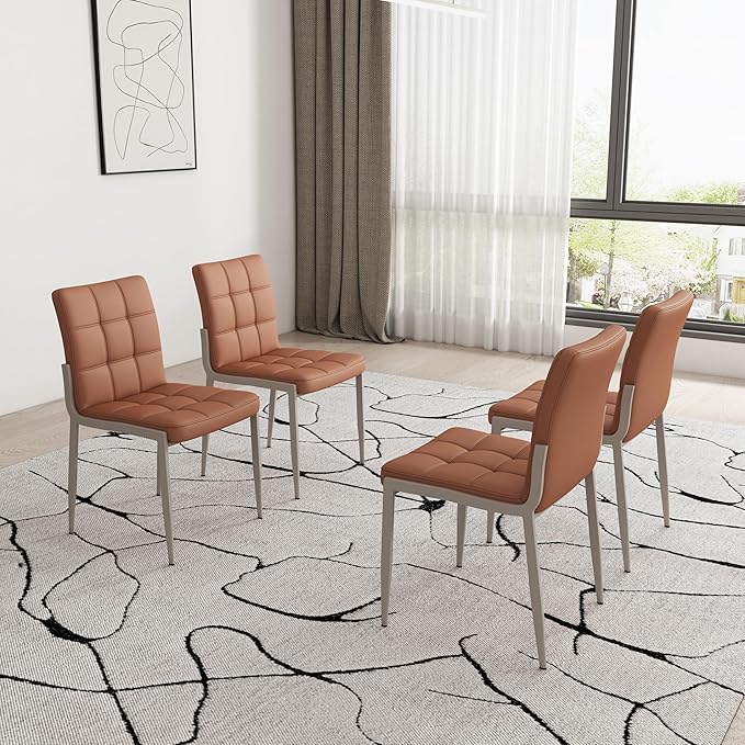 Dining Chairs (Set of 6), PU Leather Modern Armless Kitchen Dining Room Chairs, Upholstered Decorative Side Chairs with Metal Feet (Brown)