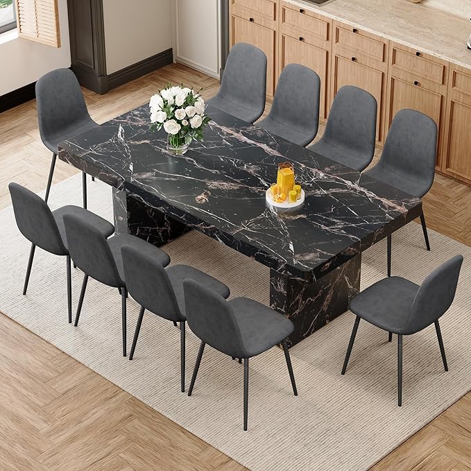 Ebullient Marble Dining Table Set for 10, 79'' Black Kitchen Table Set for 10, 3.5'' Thick Wooden Top with Rectangle Heavy Duty Legs, Modern Dining Table and Upholstered Chairs set of 10, Marble Grain