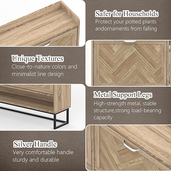 MISHAO Shoe Cabinet Storage for Entryway, Boho Narrow Hidden Shoe Cabinet with 4 Flip Drawers and Metal Legs, Freestanding Slim Shoe Organizer for Entryway, Natural