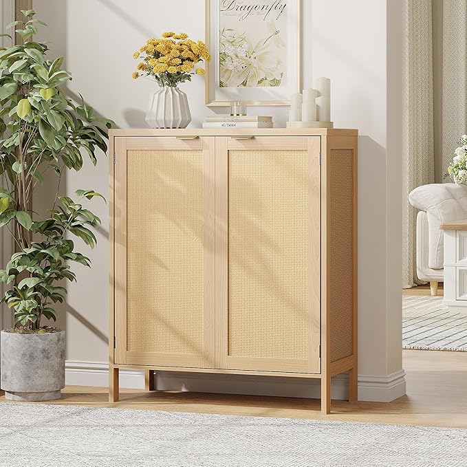 Maupvit Real Rattan Shoe Storage Cabinet with 2 Doors and 5 Shelves, Boho Shoe Organizer Cabinet, Accent Credenza Cabinets, 5-Tier Shoe Cabinet Storage for Entryway, Hallway, Living Room