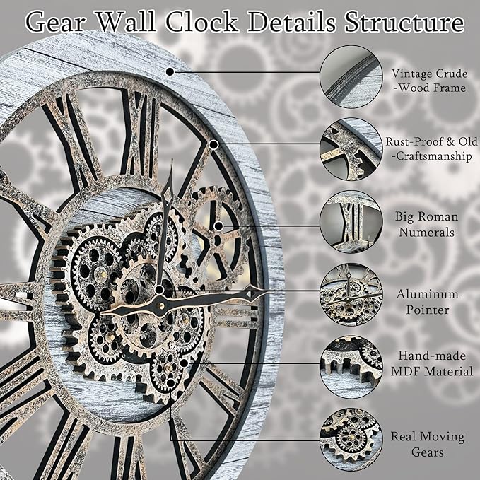 HOIBAI Wall Clock, Clocks for Living Room Decor 20 Inch Big Moving Gears Clock Farmhouse Vintage Rustic Wall Clock for Home Bedroom House Kitchen Wall Decor