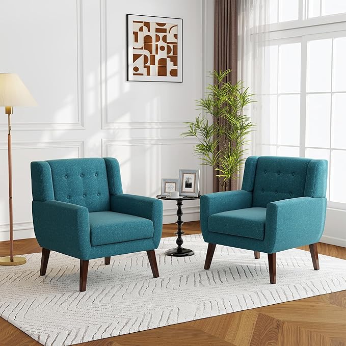 Accent Chairs Set of 2, Modern Fabric Armchairs for Living Room, Comfy Upholstered Arm Chairs Tufted for Indoor Bedroom Office Room (Light Blue)