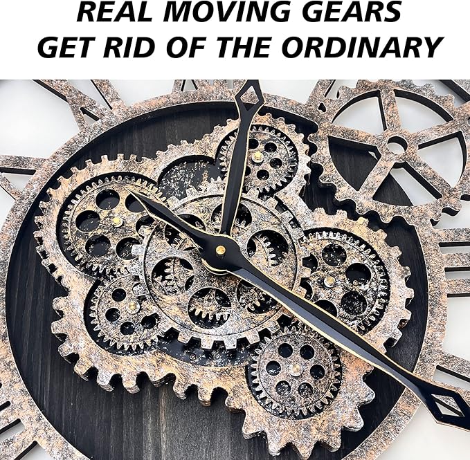 The B-Style Large Wall Clock 18 inch Moving Gear Wall Clock Oversized Vintage Farmhouse Wall Clocks for Living Room Decor Rustic Industrial Wood Clock (Black)