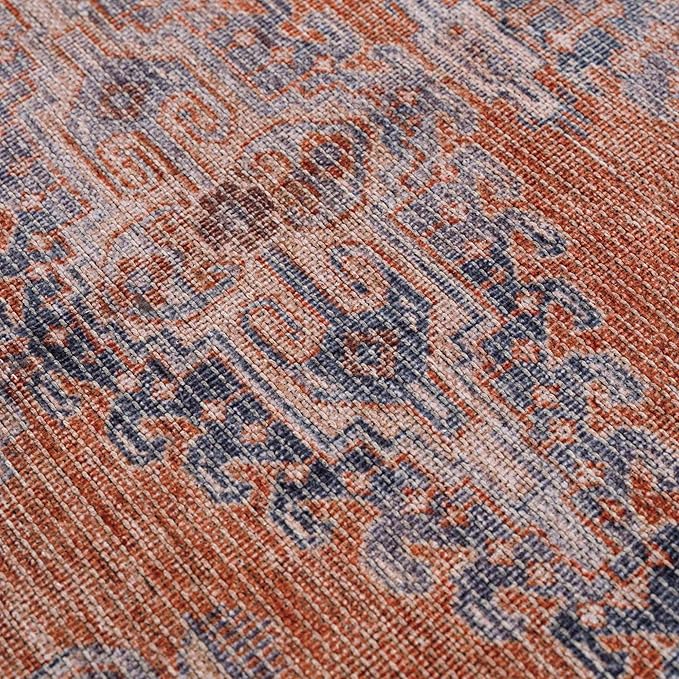 BoutiqueRugs Taber Farmhouse Runner Rug - Machine Washable - Blue, Burnt Orange, Pale Blue - 2'7" x 12' Runner