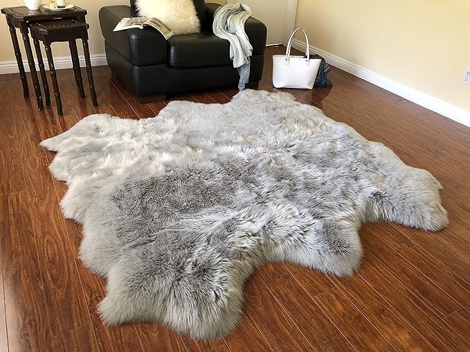 Free Shape Luxury Soft Fluffy Shag Area Rug Sexto 6 Pelts 6'x6',180x180 cm - Vegan Fur Ultra Soft Indoor Carpet Nursery Rugs for Bedroom Home Decor, Grey