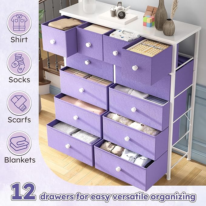 Dresser for Bedroom with 12 Drawers, Fabric Dressers & Chest of Drawers with Sturdy Metal Frame, Wood Top, for Woman, 40.6" W x 11.8" D x 44.5" H (Purple)