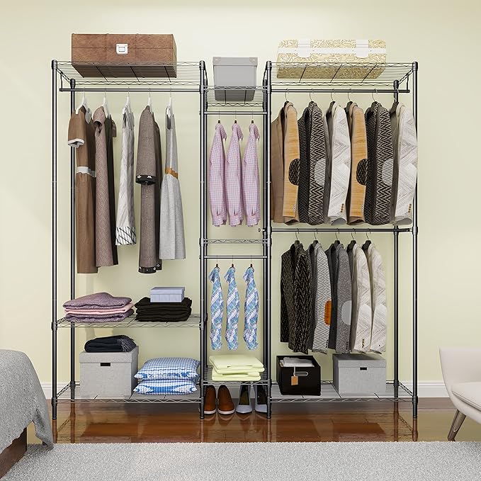 6 Tiers Heavy Duty Clothes Shelf,Metal Garment Rack, Adjustable Garment Rack with Hanging Rod and Wire Fixing Baskets,Max Load 720LBS,Black