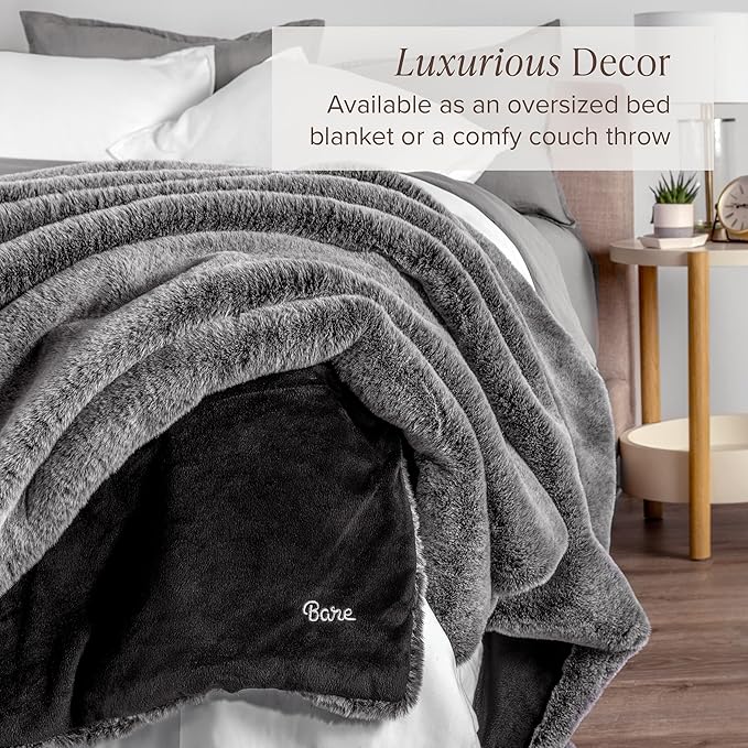 Bare Home Faux Fur Throw Blanket - Ultra-Soft Luxurious - Cozy Warm Blanket for Couch, Sofa, Chair, Bed - Fuzzy Fluffy Super Soft - Decorative Bed Blanket, 60x47 inches (Variegated Grey)