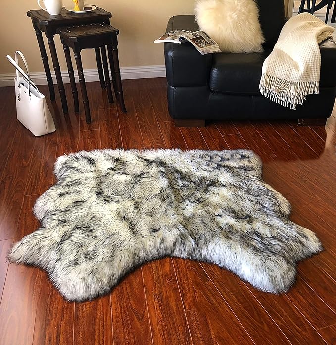 Free Shape Luxury Soft Fluffy Shag Area Rug Double Side by Side 3'x4', 90x120cm - Vegan Fur Ultra Soft Indoor Carpet Nursery Rugs for Bedroom Home Decor, White with Black Tips