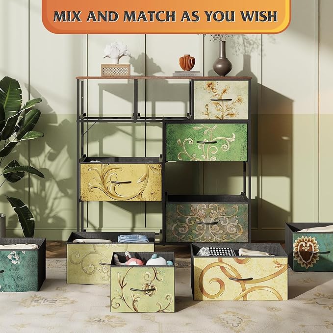 WLIVE 9-Drawer Dresser, Fabric Storage Tower for Bedroom, Hallway, Entryway, Closet, Tall Chest Organizer Unit with Fabric Bins, Steel Frame, Wood Top, Easy Pull Handle, Floral Painted