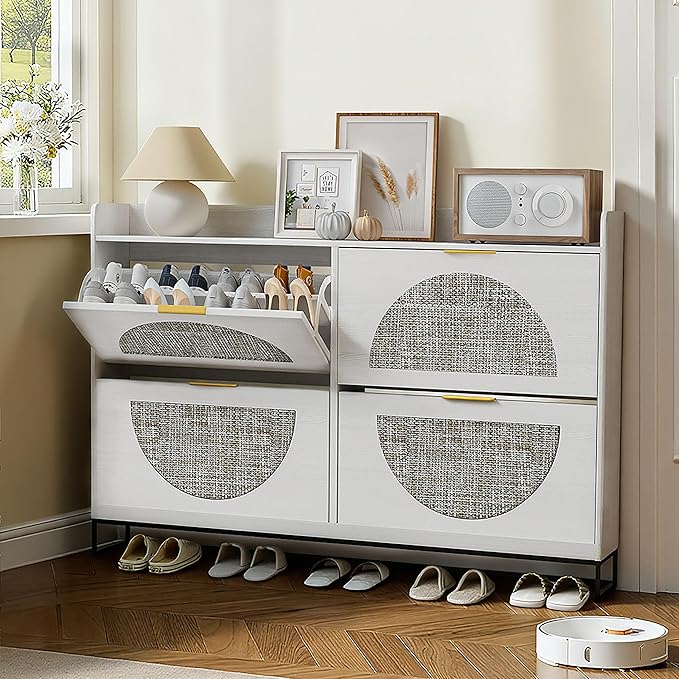 Large Shoe Cabinet Storage for Entryway Hidden Rattan Shoe Cabinet with 4 Flip Drawers Freestanding for Entryway、Hallway Beige