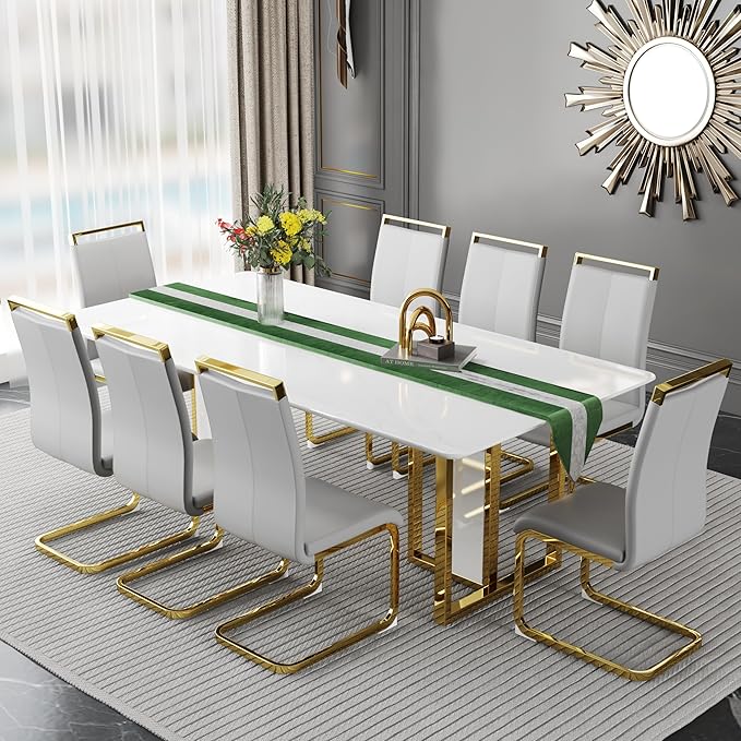 79-inch Modern Dining Table Set for 8 with 1.8 Inch Faux Marble Table Top & 8 PU Leather Chairs, White Luxury Kitchen and Dining Room Furniture Set