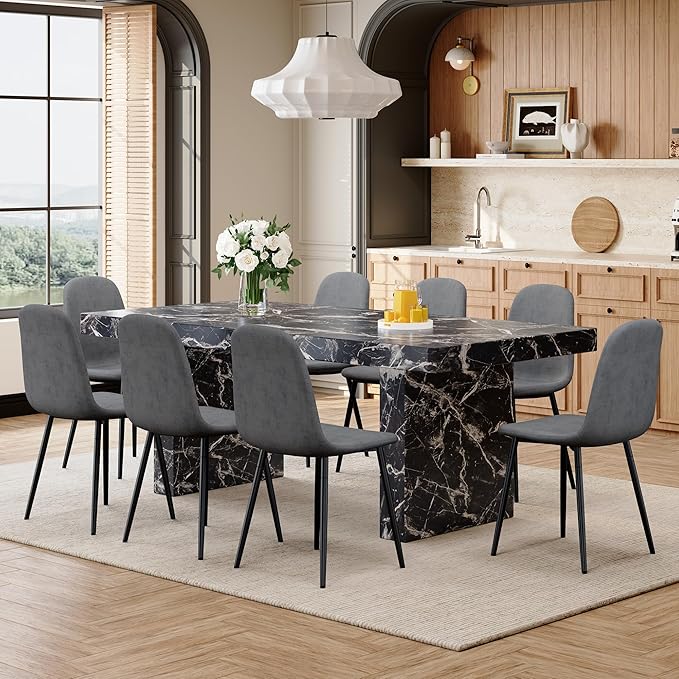 Ebullient Marble Dining Table Set for 8, 79'' Black Kitchen Table Set for 8, 3.5'' Thick Wooden Top with Rectangle Heavy Duty Legs, Modern Dining Table and Upholstered Chairs Set of 8, Marble Grain