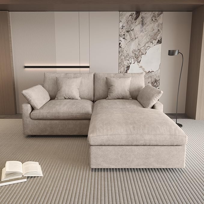 WJShome 83" L Shaped Sofas with Ottoman，Cloud Couch Sectional for Living Room, Down Filled Convertible Couch, Sofa Covers Washable&Replaceable,Khaki