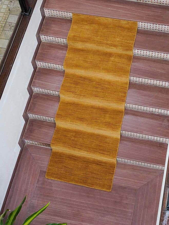 Hand Knotted Loom Wool ECO-Friendly Area Rugs - 2'6"x8', Runner, Gold Color, Solid Plain Design, High Pile Thick Handmade Anti Skid Area Rugs for Living Room, Bed Room (L00111)