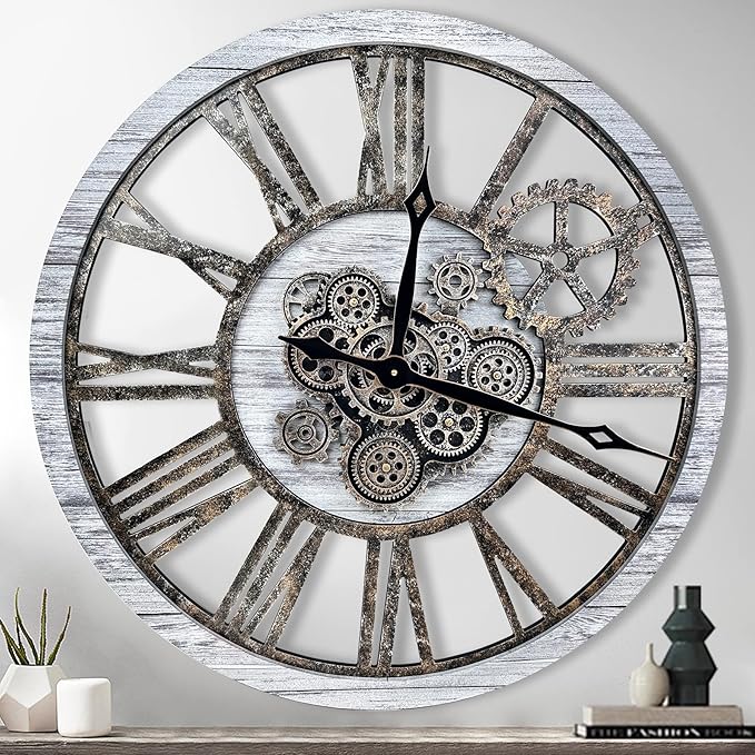 The B-Style Large Real Moving Gears Wall Clock 30 inch Rustic Retro Industrial Farmhouse Wood Clock Oversized Decorative Vintage Wall Clocks for Living Room (Silver Gray)