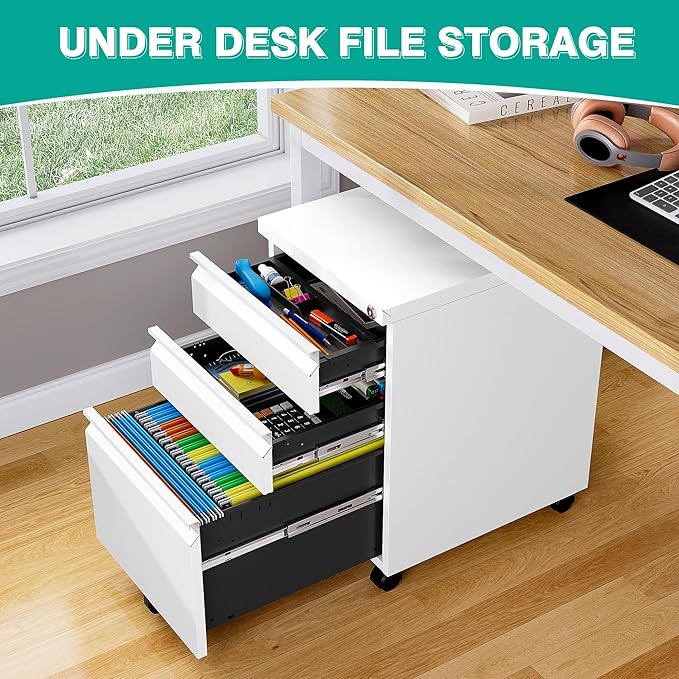 3 Drawer File Cabinet with Wheels,Under Desk File Cabinet with Lock,White Rolling Filing Cabinet,Three Drawer Metal Filing Cabinets for Home Office,Fit A4/Letter/Legal,Fully Assembled Except Casters