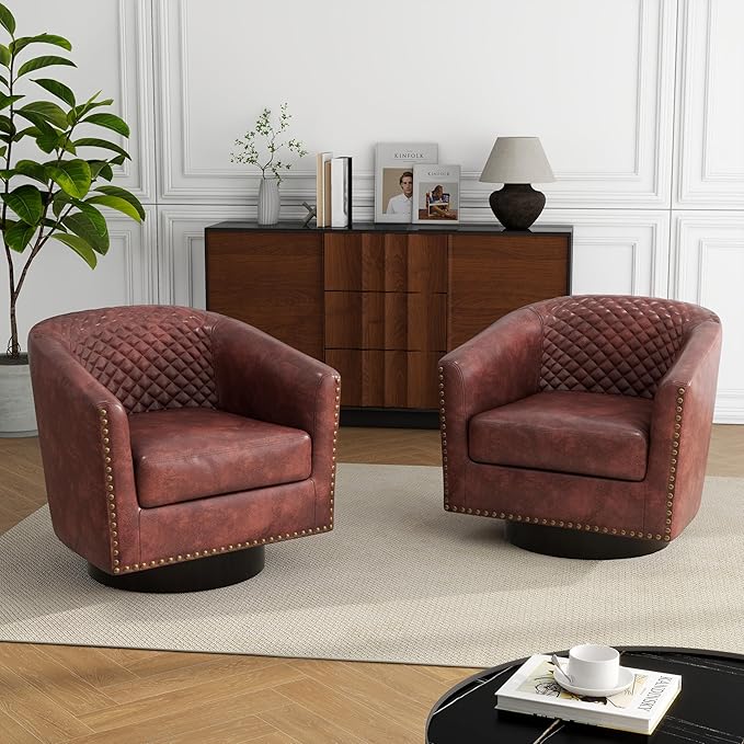 Swivel Barrel Accent Chair, Comfy Modern Upholstered Round Faux Leather Arm Chair for Living Room, Bedroom（Red Brown, Set of 2