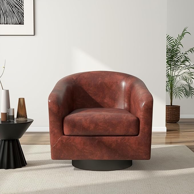 Swivel Barrel Chair, Modern Round PU Leather Accent Armchair for Living Room, Bedroom, Oversized Comfy Club Reading Chairs for Adults (Leather Red Brown, Set of 1)