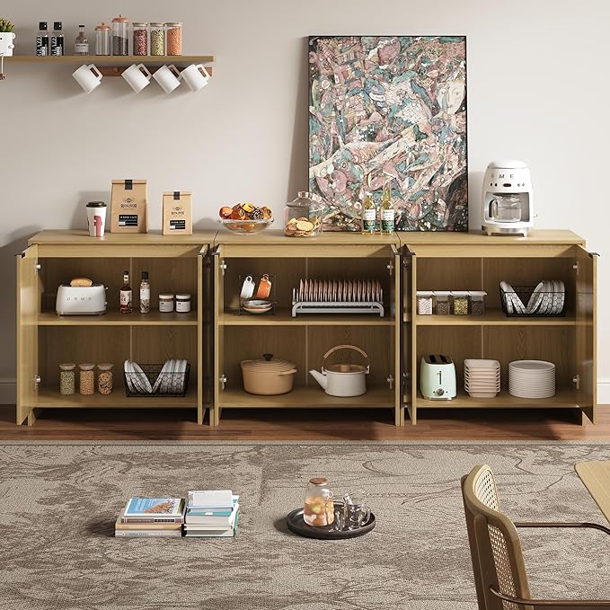 95" TV Stand for TVs up to 100",Modern Fluted TV Console with Storage Cabinet,Entertainment Center with 6 Doors & Adjustable Shelves for Living Room, Oak