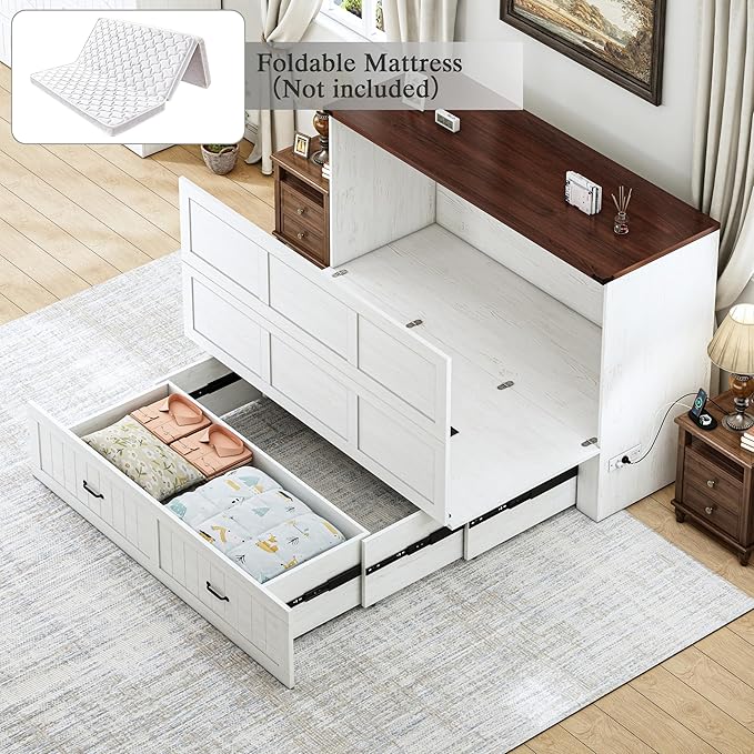 Full Size Murphy Bed Frame, Farmhouse Wood Full Beds with Charging Station, Drawer, Full Foldable Platform Bed, White