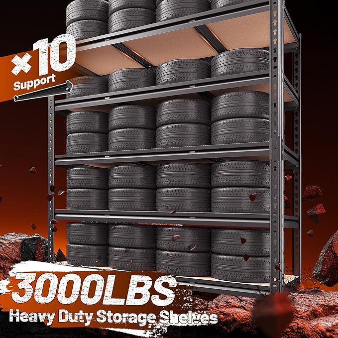 REIBII 48.2" W Garage Shelving, Storage Shelves Load 3000LBS, Adjustable Garage Shelving Heavy Duty for Pantry, Basement, Warehouse, 48.2" W X 71.9" H X 24" D, Black