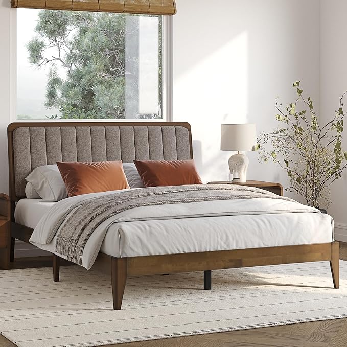 DG Casa Raven Solid Wood King Size Bed Frame - Mid Century Modern Style, Platform with Tufted Upholstered Adjustable Height Headboard, No Box Spring Required, Walnut Finish, Brown Fabric