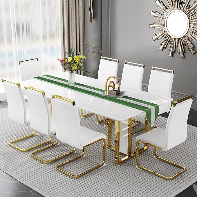 79-inch Modern Dining Table Set for 8 with 1.8 Inch Faux Marble Table Top & 8 PU Leather Chairs, White Luxury Kitchen and Dining Room Furniture Set