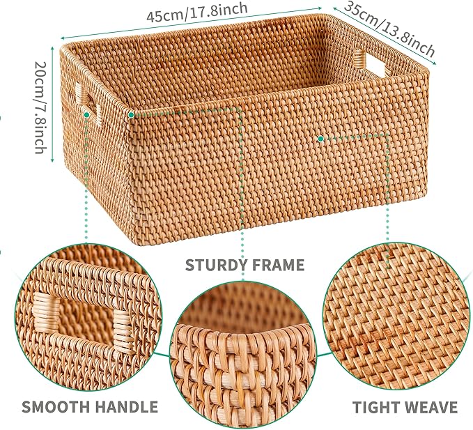 Rattan Basket With Lid, Large Lidded Basket For Storage(17.8" L×13.8"W×7.8"H)