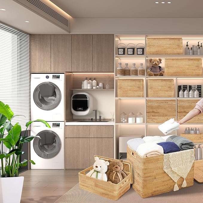 Rattan Basket With Lid,Large Storage Basket Lidded,Rattan Box For Shelf (14.2" L×10.2"W×9.4"H)