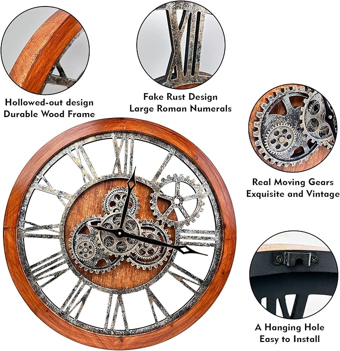 The B-Style Large Wall Clock 24 inch Moving Gear Wall Clock Oversized Vintage Farmhouse Wall Clocks for Living Room Decor Rustic Industrial Wood Clock (Brown and Bronze)