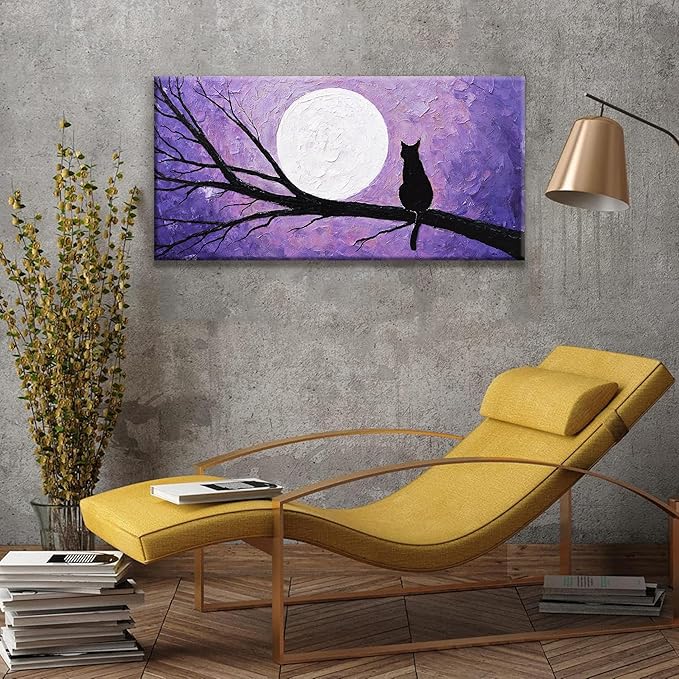 QSQ Cat Wall Art Prints Painting Canvas Art Wall Decor Funny Monet Cat Under The Moonlight Abstract Wall Art Posters Picture For Bedroom Bathroom Office Home Decor Aesthetic 20" × 40"