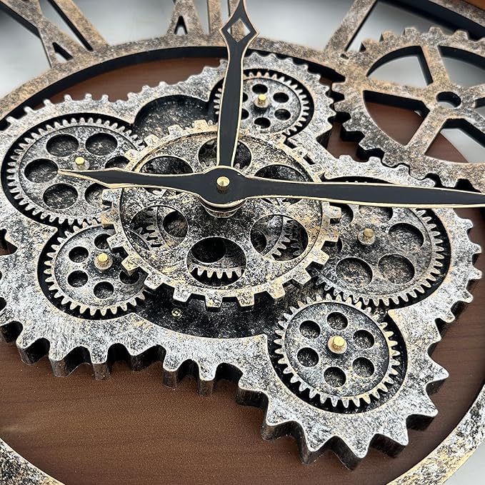 HOIBAI Large Wall Clock, 24 Inch Wall Clocks for Living Room Decor Farmhouse Vintage Rustic Kitchen Wall Decor Vintage Roman Big Oversized Wall Clock for Home Bedroom House Office, Moving Gears Clock