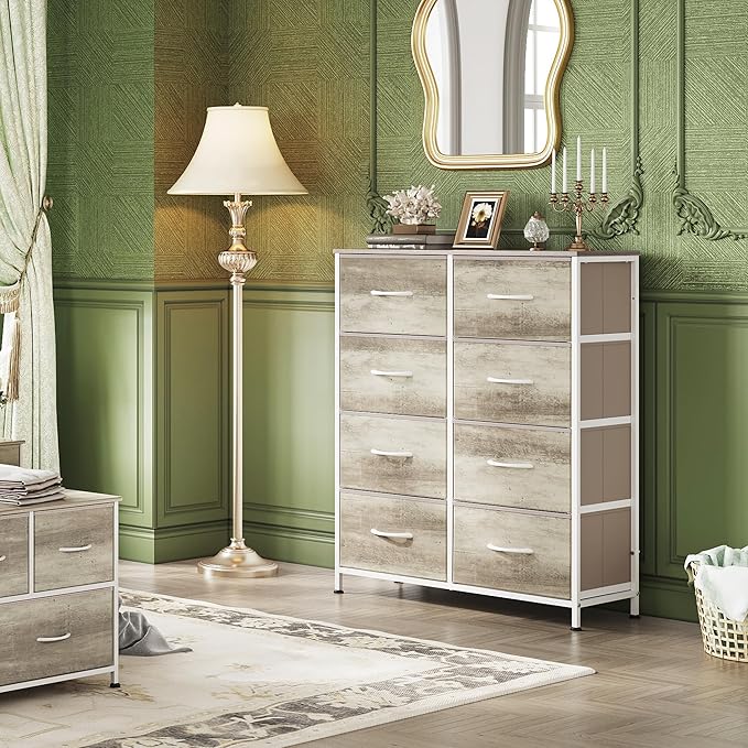WLIVE Fabric Dresser for Bedroom, Tall Dresser with 8 Drawers, Storage Tower with Fabric Bins, Double Dressers, Chest of Drawers for Closet, Living Room, Hallway, Greige