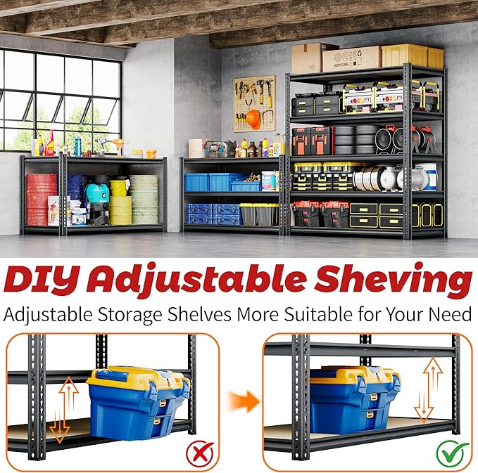 72"H Storage Shelves heavy duty, 2000LBS Garage Shelving, 5 Tier Metal Shelving Unit Adjustable Garage Shelves Utility Rack Shelf for Storage Warehouse Pantry Closet,35.6" W × 16" D × 72" H, Black
