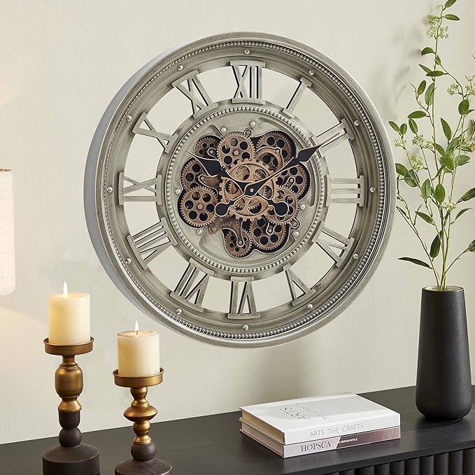 CLXEAST 24 Inch Wall Clock with Moving Gears, Oversized Large Roman Numeral Wall Clocks for Living Room Decor,Antique Champagne Finish,House Warming Gifts New Home