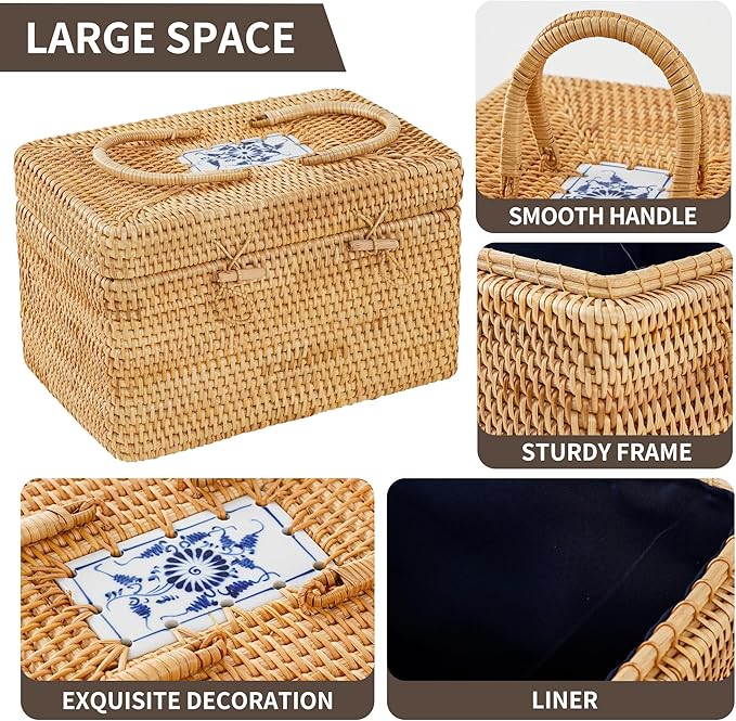 Rattan Basket With Lid,Blue-and-white Porcelain Decoration Design,Large Storage Basket Lidded,Rattan Box For Shelf (12" L×8"W×7.5"H)