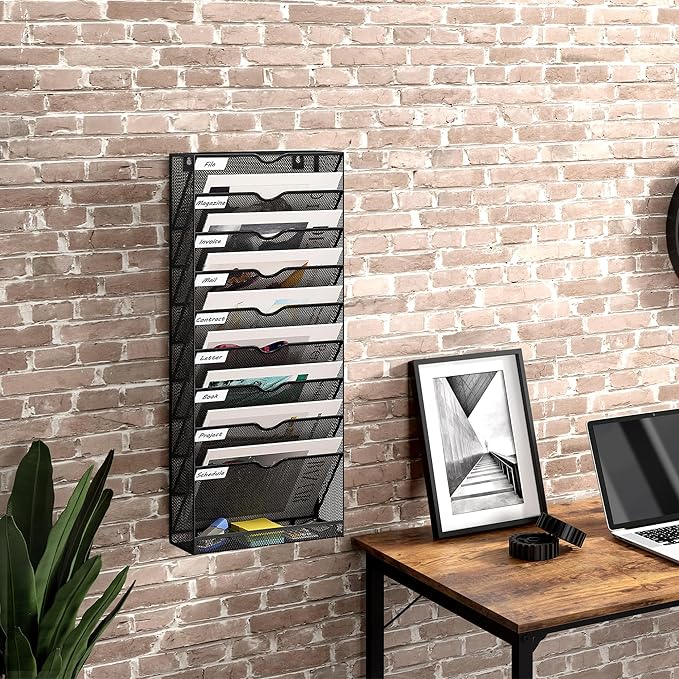10 Tier Hanging Wall File Holder, Metal A4 Wall Mounted Document Holder, Vertical Hanging Mail Organizer, Magazine Storage Rack With Tray For Office Home Classroom, Black